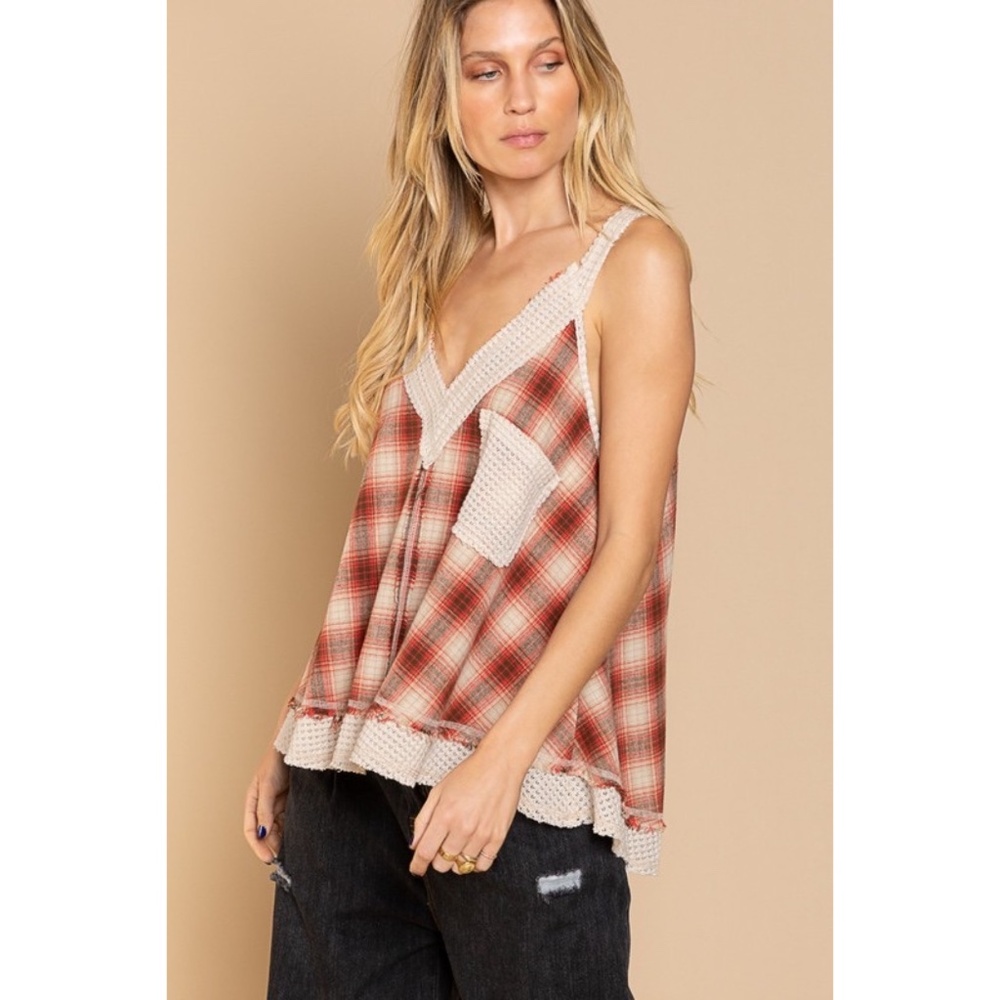 POL Red & Cream Plaid V Neck Sleeveless Flowy Top - Picture 2 of 6